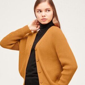 Uniqlo Mustard Yellow Knit Cardigan Sweater Cotton Cashmere Women XS Preppy Y2K